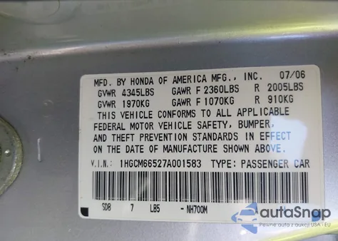 2007 Honda Accord 3.0 Ex from USA, damaged, VIN 1HGCM66527A001583